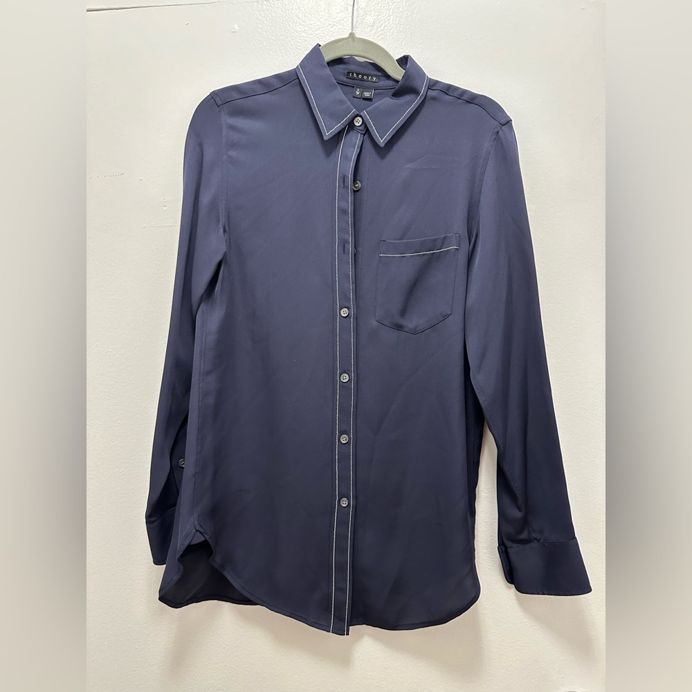 Vince navy blue silk long sleeve button down shirt small tall